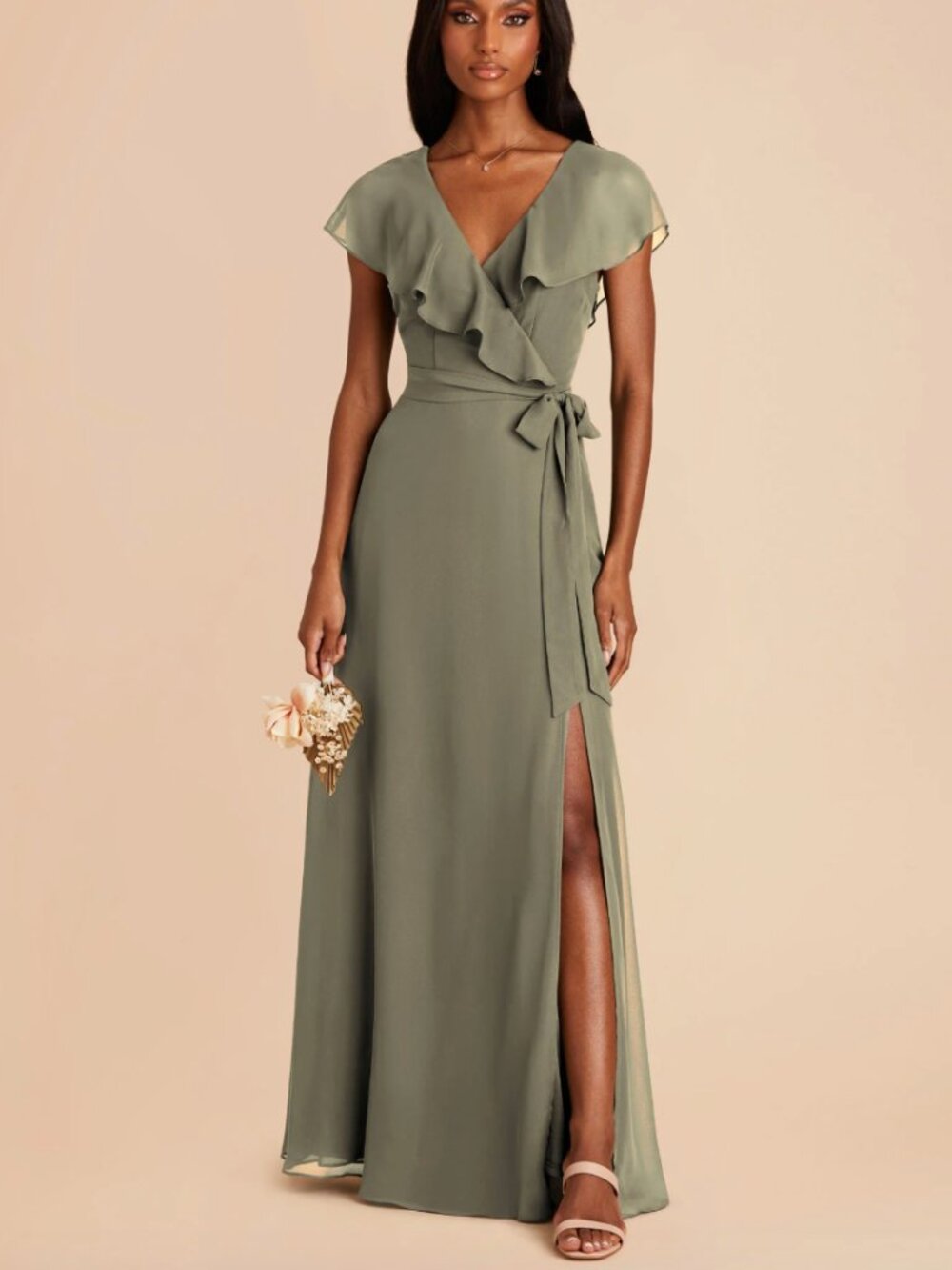 Birdy Grey | Jackson Thyme Green Chiffon Bridesmaid Dress | Size Medium
